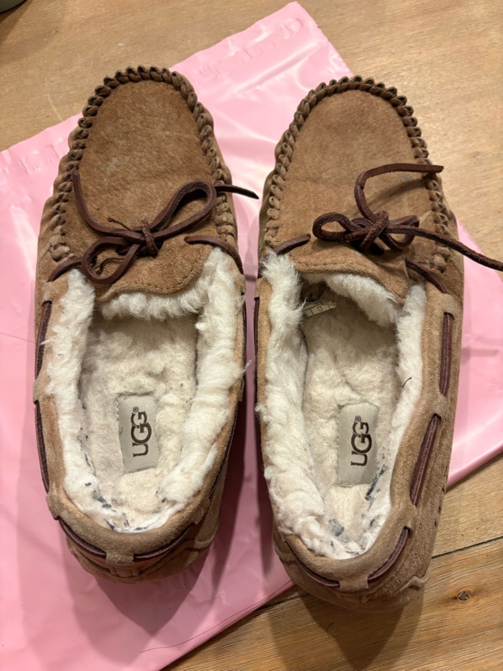 UGG Brown Suede Shearling Lined Moccasin Slippers